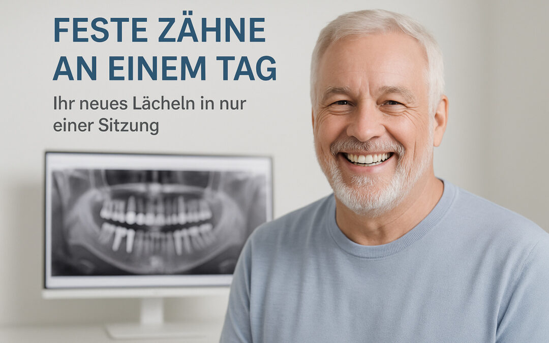 Älterer Herr mit strahlendem Lächeln dank fester Zähne an einem Tag wie es auf dem Plakat im Hintergrund zu lesen ist.