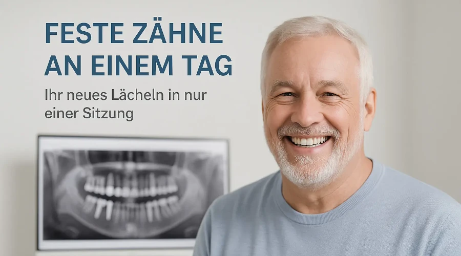 Älterer Herr mit strahlendem Lächeln dank fester Zähne an einem Tag wie es auf dem Plakat im Hintergrund zu lesen ist.